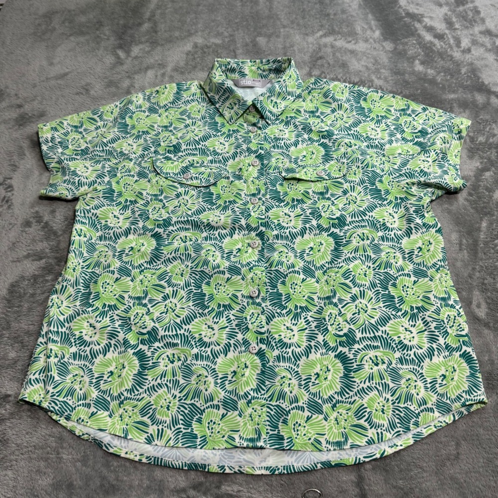Stio Womens Shifter Shirt Short Sleeve Green Floral Button Down Top Small Boho